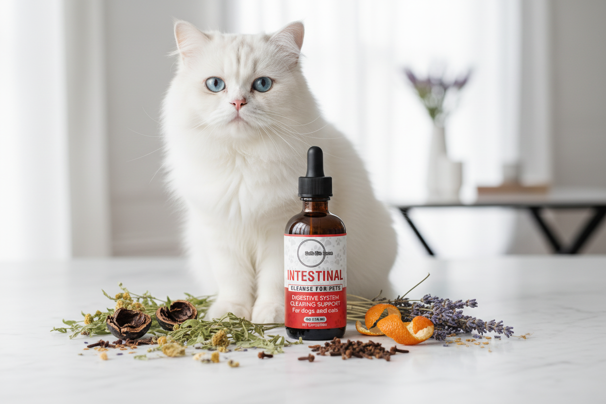 Cat with Safe Bio Zone Bottle and Herbs